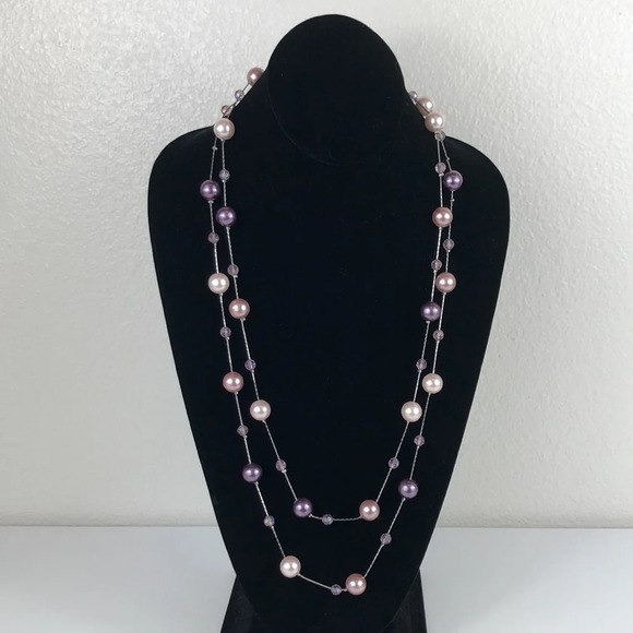 Faux Pearl Rhinestone Necklace Purple & Champagne On Silver Tone Chain - Picture 16 of 16